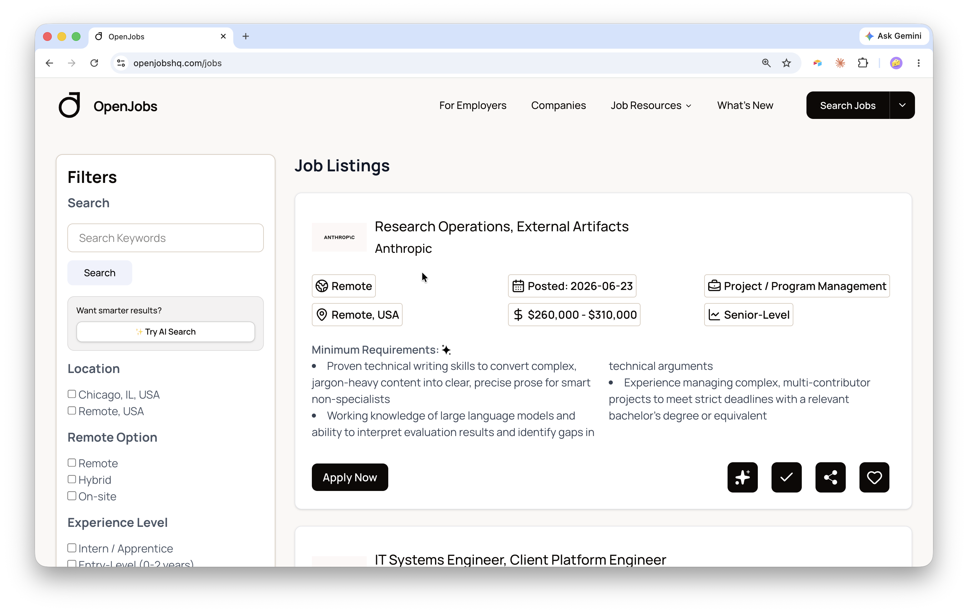 Job Board page with curated listings and smart filters